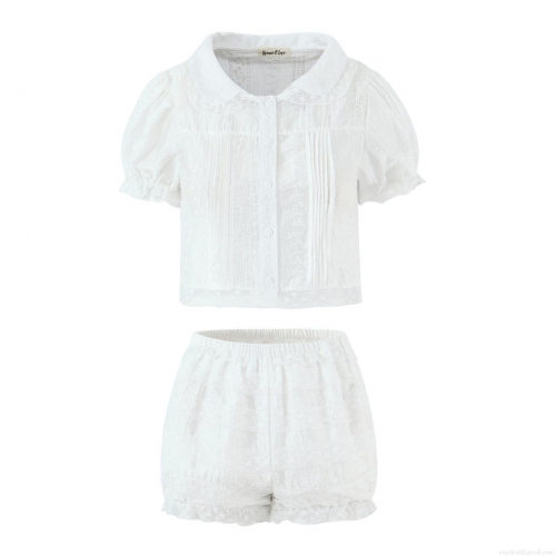 Women's White Lace Two-Piece Set Peter Pan Collar Puff Sleeve Top And Ruffle Elastic Waist Shorts Casual Summer Sweet Vintage Outfit For Ladies