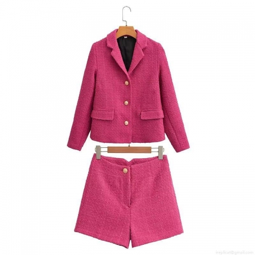 Women's Two Piece Tweed Suit Set Plaid Long Sleeve Lapel Blazer Jacket And High Waist Shorts Elegant Chanel Style Co-ords For Autumn Winter Office Party
