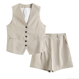Women's 2 Piece Summer Linen Blend Outfits V Neck Button Down Vest and High Waist Wide Leg Shorts Set Solid Color Minimalist Casual Streetwear Office Suit