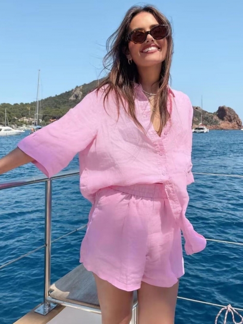 Women's Summer Casual Two Piece Set Short Sleeve Button Down Shirt With Pocket Elastic Waist Shorts Loose Vacation Streetwear Outfits Polyester