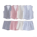 Women Striped Vest And Shorts 2 Piece Set Casual Slim Fit Polyester V-Neck Waistcoat Three-Point Pants Summer Office Streetwear Tracksuit