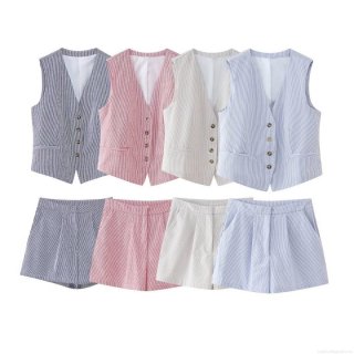 Women Striped Vest And Shorts 2 Piece Set Casual Slim Fit Polyester V-Neck Waistcoat Three-Point Pants Summer Office Streetwear Tracksuit