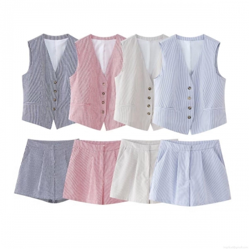 Women Striped Vest And Shorts 2 Piece Set Casual Slim Fit Polyester V-Neck Waistcoat Three-Point Pants Summer Office Streetwear Tracksuit