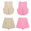 Women's Summer 2-Piece Outfit Set Polyester V-Neck Single-Breasted Vest and High Waist Wide Leg Pleated Shorts Streetwear Casual Matching Set for Women