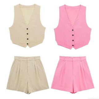Women's Summer 2-Piece Outfit Set Polyester V-Neck Single-Breasted Vest and High Waist Wide Leg Pleated Shorts Streetwear Casual Matching Set for Women