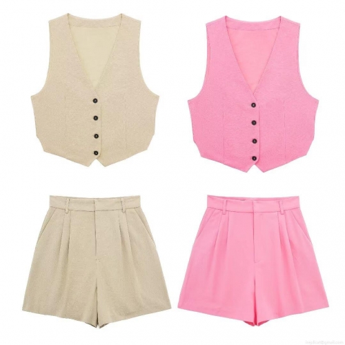 Women's Summer 2-Piece Outfit Set Polyester V-Neck Single-Breasted Vest and High Waist Wide Leg Pleated Shorts Streetwear Casual Matching Set for Women