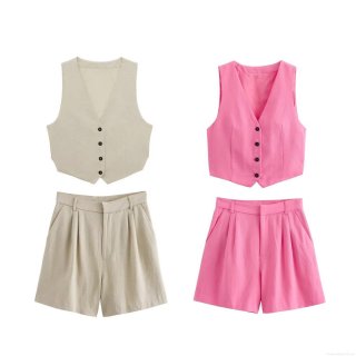 Women's Summer Solid Color Slim Fit Sleeveless V-Neck Vest and High Waist Shorts Two-Piece Set Casual Suit Polyester Linen Blend Office Lady Streetwear Outfit