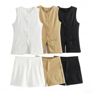 Women's 2 Piece Summer Suit Set Round Neck Sleeveless Button Vest Waistcoat And High Waist Straight Shorts Solid Color Woven Polyester Streetwear Office Outfits