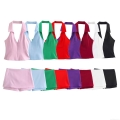 Women's Sexy Summer Two Piece Set Solid Color Halter V Neck Backless Crop Top and Low Waist Skort Outfits Streetwear Clubwear Set