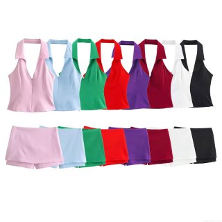 Women's Sexy Summer Two Piece Set Solid Color Halter V Neck Backless Crop Top and Low Waist Skort Outfits Streetwear Clubwear Set