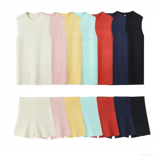 Women's 2-Piece Knitted Ribbed Tracksuit Set Sleeveless Round Neck Slim Fit Vest and High Waist Shorts Casual Summer Lounge Wear Streetwear Outfits