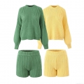 Women's Two Piece Knitted Set Thick Texture Round Neck Long Sleeve Pullover Sweater And High Waist Knit Shorts Autumn Winter Outfits Solid Color Streetwear Casual Tracksuit