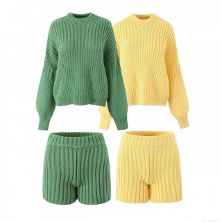 Women's Two Piece Knitted Set Thick Texture Round Neck Long Sleeve Pullover Sweater And High Waist Knit Shorts Autumn Winter Outfits Solid Color Streetwear Casual Tracksuit