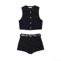 Women's Chic Tweed Two-Piece Set Sleeveless Vest And High Waisted Skort With Belt Gold Flower Buttons Elegant Streetwear Outfits For Women