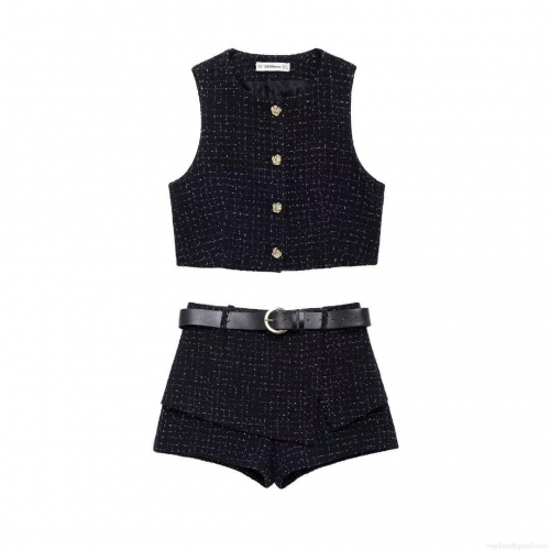 Women's Chic Tweed Two-Piece Set Sleeveless Vest And High Waisted Skort With Belt Gold Flower Buttons Elegant Streetwear Outfits For Women