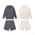 Women Cable Knit Two Piece Outfits Long Sleeve Polo Collar Sweaters and Shorts Set 100% Polyester Ribbed Casual Loungewear Streetwear Set
