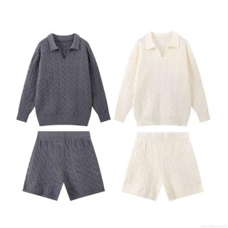 Women Cable Knit Two Piece Outfits Long Sleeve Polo Collar Sweaters and Shorts Set 100% Polyester Ribbed Casual Loungewear Streetwear Set
