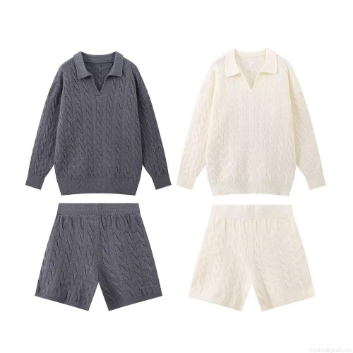 Women Cable Knit Two Piece Outfits Long Sleeve Polo Collar Sweaters and Shorts Set 100% Polyester Ribbed Casual Loungewear Streetwear Set