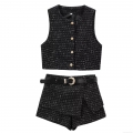Women Tweed Two Piece Set Plaid Sleeveless Crop Vest and Skort with Belt French Elegant Style Streetwear Outfits Fall Fashion for Women