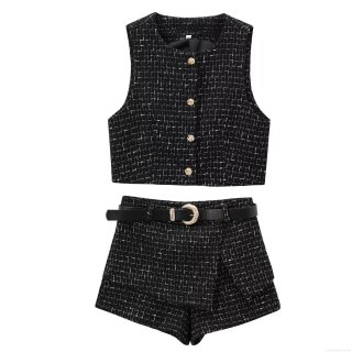Women Tweed Two Piece Set Plaid Sleeveless Crop Vest and Skort with Belt French Elegant Style Streetwear Outfits Fall Fashion for Women