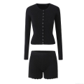 Women's Ribbed Knit Two Piece Set Single Breasted Long Sleeve Cardigan And Wave Hem Shorts Casual Solid Color Slim Fit Lounge Set