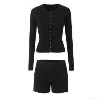 Women's Ribbed Knit Two Piece Set Single Breasted Long Sleeve Cardigan And Wave Hem Shorts Casual Solid Color Slim Fit Lounge Set