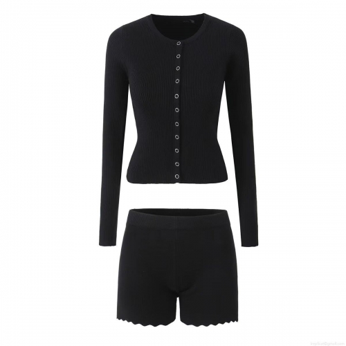 Women's Ribbed Knit Two Piece Set Single Breasted Long Sleeve Cardigan And Wave Hem Shorts Casual Solid Color Slim Fit Lounge Set