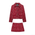 Women's Red Tweed Jacket And Skort Two Piece Set Plaid Button Front Lapel Long Sleeve Cropped Blazer Mini Skirt Pants Elegant Streetwear Outfit
