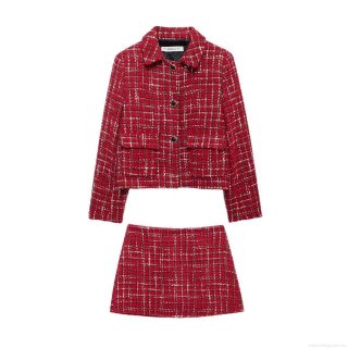 Women's Red Tweed Jacket And Skort Two Piece Set Plaid Button Front Lapel Long Sleeve Cropped Blazer Mini Skirt Pants Elegant Streetwear Outfit