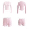 Women's Ribbed Cotton Long Sleeve Top And Lace Shorts Set Sweet Pink Bow Trimmed Loungewear Two Piece Casual Set For Women Home Wear