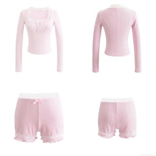 Women's Ribbed Cotton Long Sleeve Top And Lace Shorts Set Sweet Pink Bow Trimmed Loungewear Two Piece Casual Set For Women Home Wear