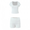 Women's Two Piece Set White Square Neck Short Sleeve Crop Top and High Waist Shorts Pleated Texture Lace Trim Casual Summer Outfit Set