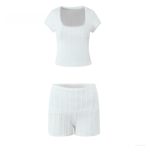Women's Two Piece Set White Square Neck Short Sleeve Crop Top and High Waist Shorts Pleated Texture Lace Trim Casual Summer Outfit Set