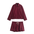 Women's Burgundy Quilted Twill Two Piece Set Zip Up Lapel Jacket With Pockets And High Waist Drawstring Bubble Shorts Casual Streetwear Outfits