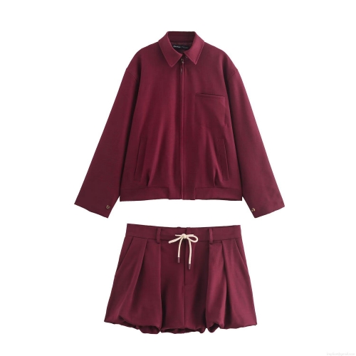 Women's Burgundy Quilted Twill Two Piece Set Zip Up Lapel Jacket With Pockets And High Waist Drawstring Bubble Shorts Casual Streetwear Outfits