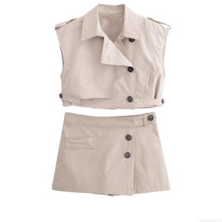Women's 2 Piece Set Windbreaker Style Sleeveless Cropped Vest Top And High Waist Skort Shorts Suit Double Breasted Fashion Beige Summer Streetwear Outfit