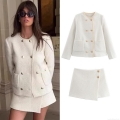 Women Elegant Off-White Tweed Two Piece Set Long Sleeve Double Breasted Jacket And High Waist Asymmetric Skort With Gold Buttons For Office Party Dating Ladies Outfit