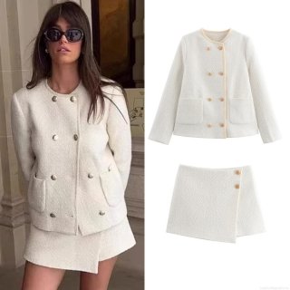 Women Elegant Off-White Tweed Two Piece Set Long Sleeve Double Breasted Jacket And High Waist Asymmetric Skort With Gold Buttons For Office Party Dating Ladies Outfit