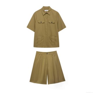 Women's Casual Khaki Workwear Two-Piece Set Polyester Button Up Short Sleeve Lapel Shirt And High Waist Pleated Wide Leg Shorts Streetwear Outfit