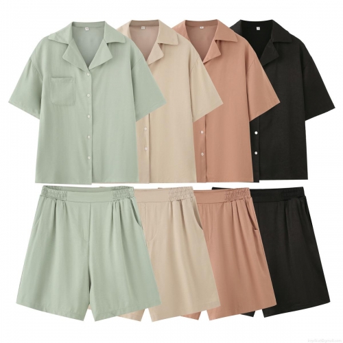 Women's Summer Casual Two Piece Set 70% Cotton 30% Polyester Short Sleeve Shirt And Elastic Shorts Solid Color Loungewear Streetwear Outfits For Women