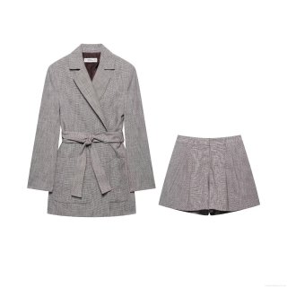 Women Vintage Houndstooth Blazer And Shorts 2 Piece Set With Belt Office Casual Plaid High Waist Wide Leg Outfits Fashion Streetwear Suit