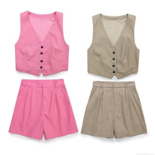 Women's Summer 2-Piece Set V-Neck Sleeveless Suit Vest and High Waist Wide Leg Shorts Cotton Linen Blend Casual Office Commuter Outfit Suit