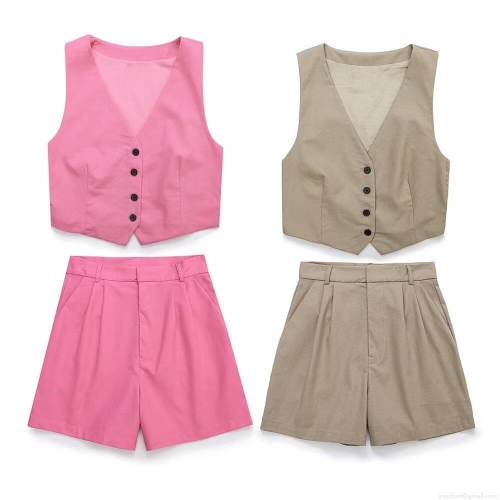 Women's Summer 2-Piece Set V-Neck Sleeveless Suit Vest and High Waist Wide Leg Shorts Cotton Linen Blend Casual Office Commuter Outfit Suit