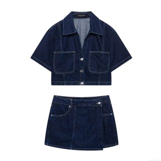 Women's Dark Blue Denim Two Piece Set Contrast Stitching Short Sleeve Crop Shirt and High Waist Mini Skort Skirt Casual Streetwear Summer Outfit