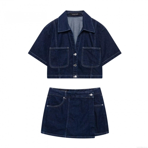 Women's Dark Blue Denim Two Piece Set Contrast Stitching Short Sleeve Crop Shirt and High Waist Mini Skort Skirt Casual Streetwear Summer Outfit