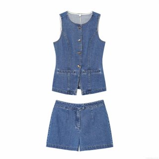 Women's Fashion Denim Two Piece Set Sleeveless Single Breasted Vest and Mid Waist Denim Shorts Set Summer Streetwear Casual Outfit For Women