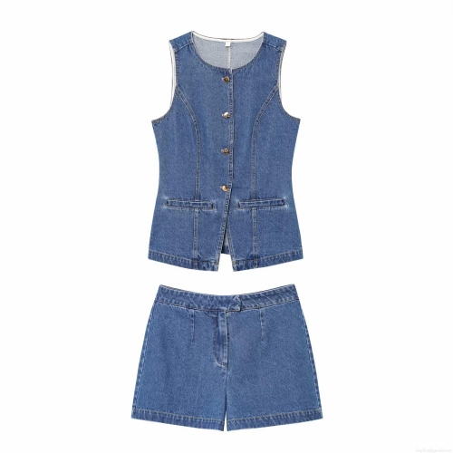 Women's Fashion Denim Two Piece Set Sleeveless Single Breasted Vest and Mid Waist Denim Shorts Set Summer Streetwear Casual Outfit For Women
