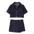 Women's Fashion Denim Two Piece Set Short Sleeve Lapel Button Up Shirt And High Waist Contrast Stitching Skort Casual Summer Streetwear Outfit