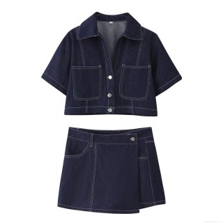 Women's Fashion Denim Two Piece Set Short Sleeve Lapel Button Up Shirt And High Waist Contrast Stitching Skort Casual Summer Streetwear Outfit
