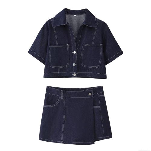 Women's Fashion Denim Two Piece Set Short Sleeve Lapel Button Up Shirt And High Waist Contrast Stitching Skort Casual Summer Streetwear Outfit